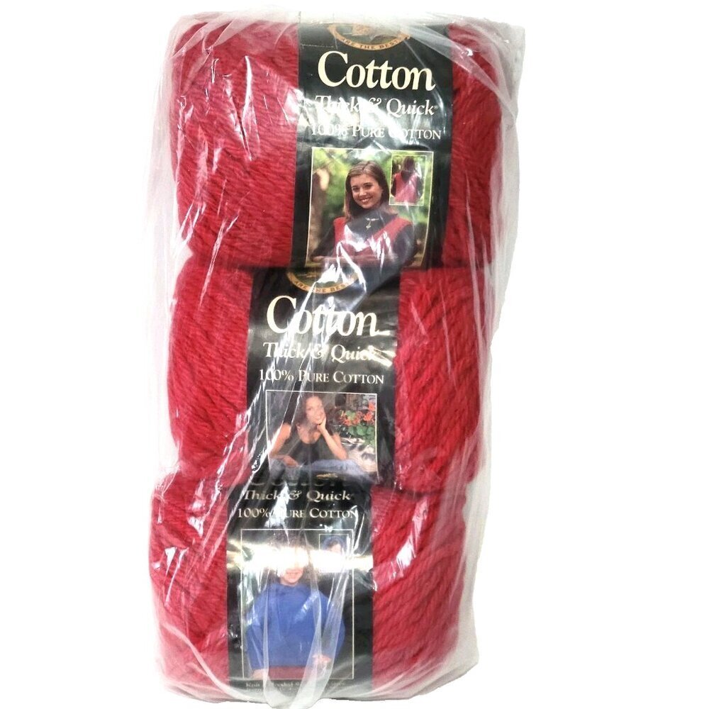 Lion Brand Yarn Lot Of 3 NWT Poppy Red 100% Cotton Thick & Quick Vintage NOS
